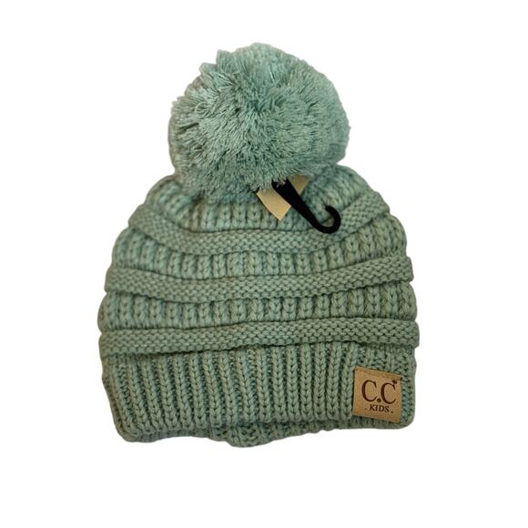 C.C. Kids Pom Beanie Knit Hat Mint Green Acrylic Winter One Size - Picture 1 of 4